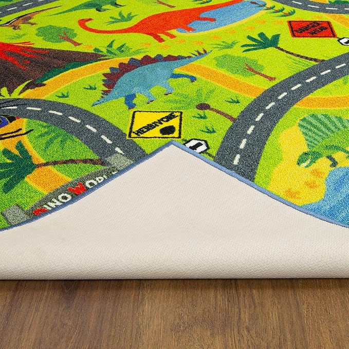KC Cubs 3x5 Dinosaur Toy Car Dino Road Rug – Educational Play Mat Carpet for Kids, Toddlers, Nursery, Classroom, Playroom, Baby Daycare, Boys & Girls