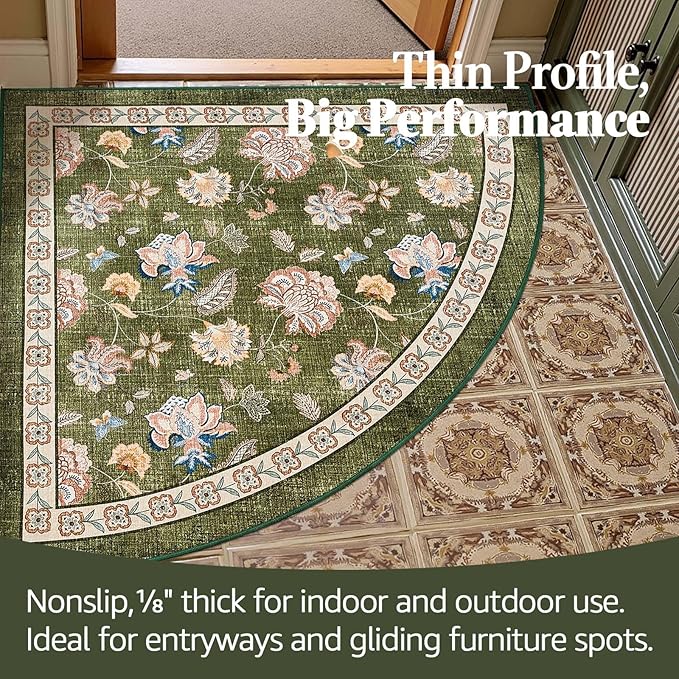 jinchan Floral Corner Rug for Entryway Washable Kitchen Rug Vintage Romance Design Non Slip Quarter Circle Lightweight Low-Pile Throw Carpet for Playroom Reading Nook Nursery, 4ft Radius, Green