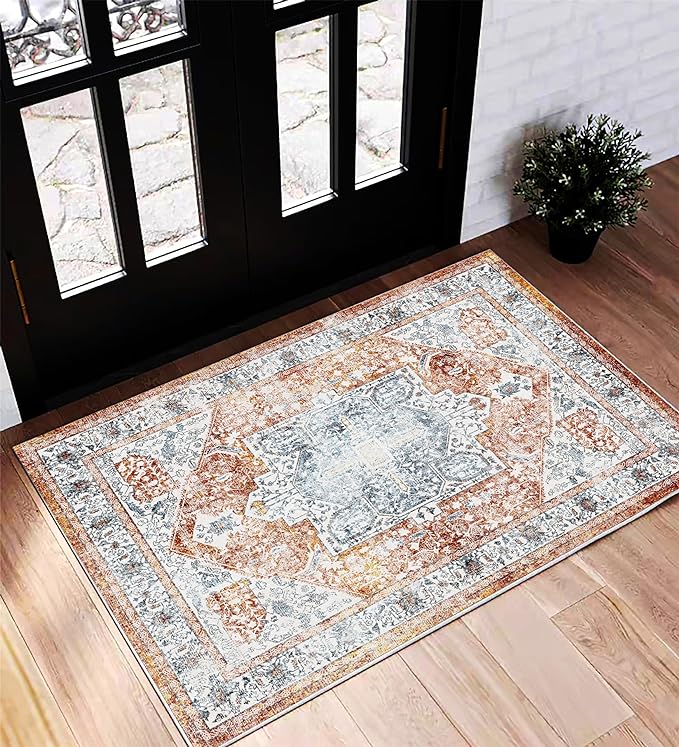 Area Rug 2x3 Washable Rug Door Mat Vintage Distressed Rug Doormat Indoor Entrance Traditional Thin Floral Print Non Slip Carpet for Kitchen Bathroom Bedroom Living Room