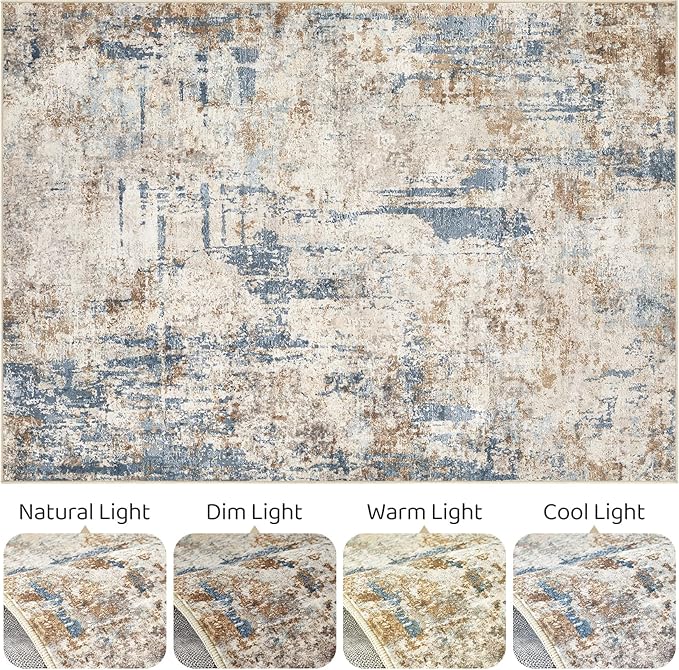 4x6 Rug Washable Area Rugs: Abstract Modern Soft Stain Resistant Indoor Floor Accent Non Slip Carpet for Living Room Entryway Kitchen Bedroom Nursery Office Bedside Home House Decor- Tan