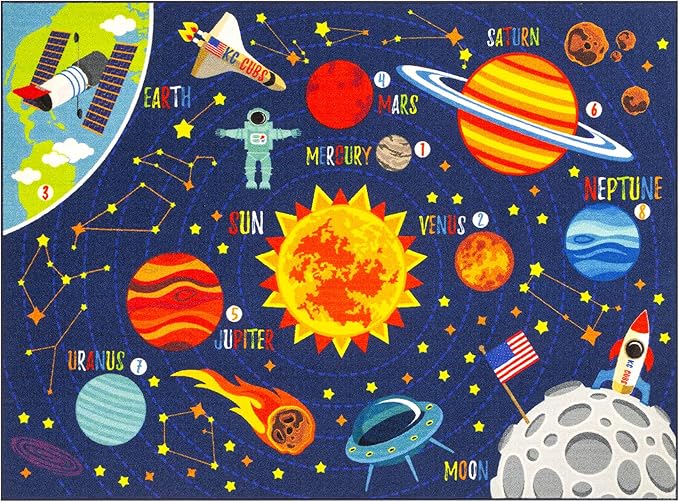KC Cubs 3x5 Outer Space Solar System Toy Car Road Rug – Educational Play Mat Carpet for Kids, Toddlers, Nursery, Classroom, Playroom, Baby Daycare