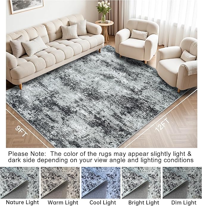 Area Rug 9x12 Washable Rugs: Abstract Large Living Room Rugs with Non-Slip Backing, Stain Resistant Indoor Floor Carpet for Bedroom Dining Room Table Nursery Hallway Home Office Dark Black/Gray