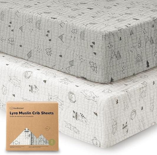 KeaBabies 2-Pack Muslin Crib Sheets for Boys, Girls - 100% Organic Cotton Fitted Baby Crib Mattress Sheet, Soft Breathable Standard Toddler Bed Cover Bedding Set, Neutral, Durable 52x28 (Woodland)