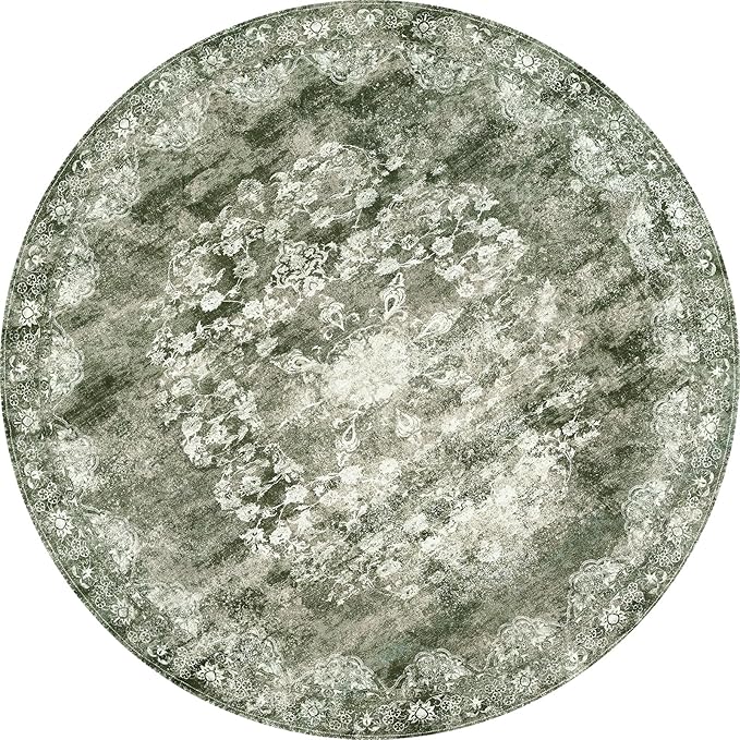 jinchan Round Rug 8ft Area Rug - Green Vintage Floor Mat Kitchen Indoor - Washable Circle 8' Thin Floral Print Carpet Retro Farmhouse Non Slip Dining Room Living Room Bedroom Office
