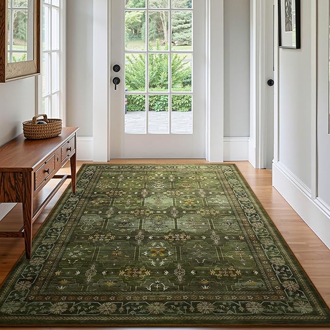 8x10 Washable Area Rug for Living Room, Non Slip Vintage Floral Print Rugs No Shedding, Distressed Thin Retro Accent Carpet for Bedroom Nursery Farmhouse Dining Room Dark Green