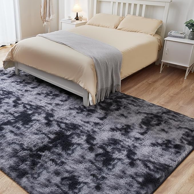 Fluffy Area Rug, 4x5.8 Tie-Dyed Dark Grey Rugs for Bedroom, Soft Plush Area Rugs for Living Room, Nursery, Study Room, Dressing Room, Home Decor