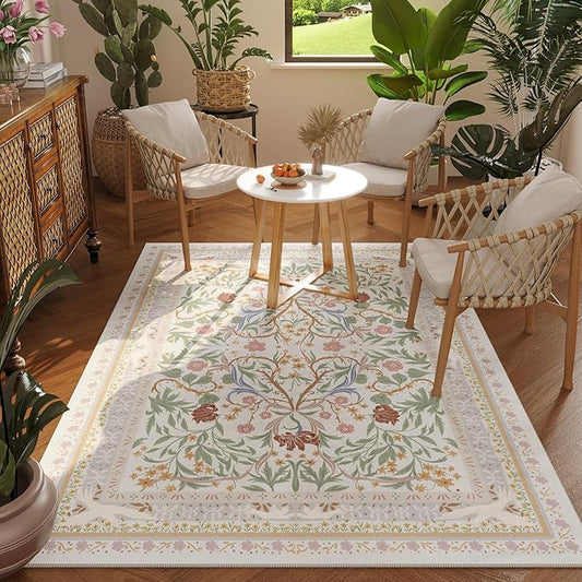 Area Rug 4x6 Rug Washable Vintage Floral Botanical Rugs Non Slip Low Pile Small Carpet for Bedroom, Bedside, Kids Room, Office, Dining Room, Beige