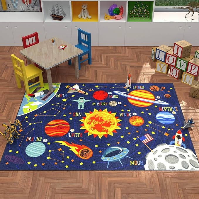 KC Cubs 3x5 Outer Space Solar System Toy Car Road Rug – Educational Play Mat Carpet for Kids, Toddlers, Nursery, Classroom, Playroom, Baby Daycare