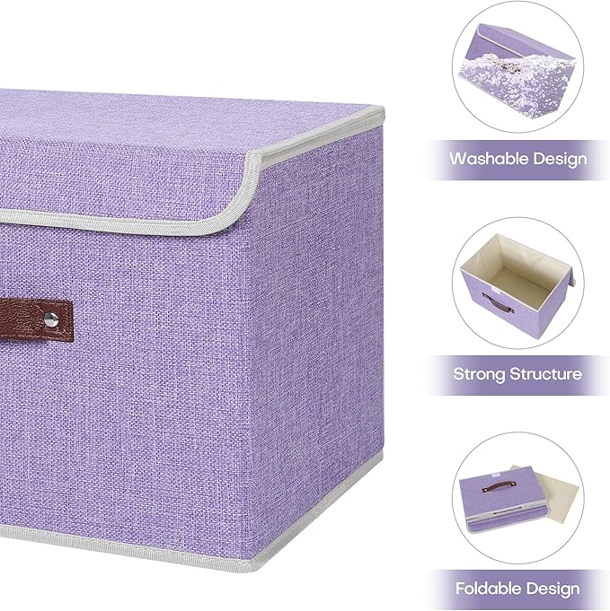 ANMINY 4PCS Storage Bins with Lid PU Leather Handles Storage Boxes PP Plastic Board Decorative Foldable Lidded Cotton Linen Fabric Home Cubes Baskets Closet Organizer Containers - Purple, Large Size