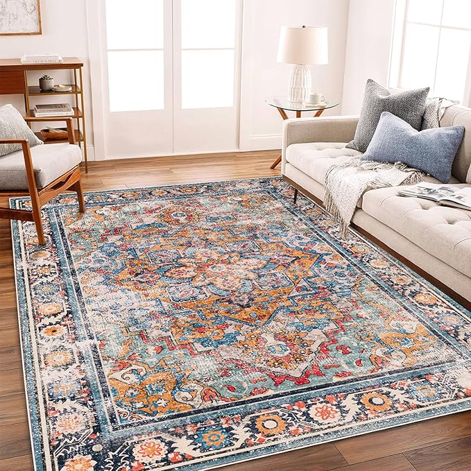 6'x9' Washable Vintage Area Rug Boho Chic Medallion Distressed Design Non-Shedding Easy Care Ideal for High Traffic Areas in Living Room Bedroom Kitchen Office Large Carpet