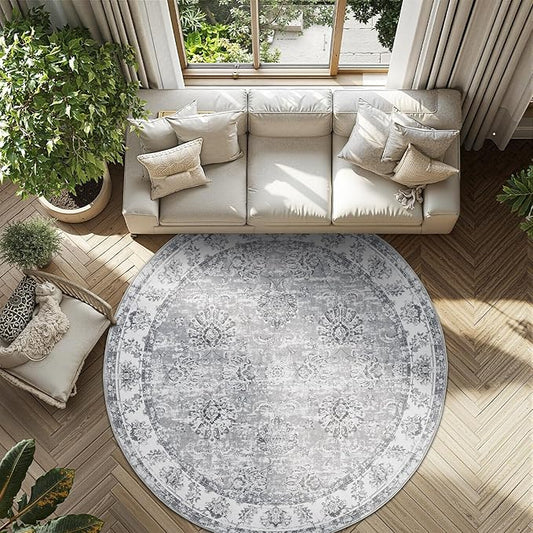 jinchan Round Rug 8ft Area Rug - Grey Vintage Floor Mat Kitchen Indoor Ultra-Thin Soft Floral Print - Washable Circle 8' Retro Accent for Farmhouse Non Slip Dining Room Living Room Bedroom Office