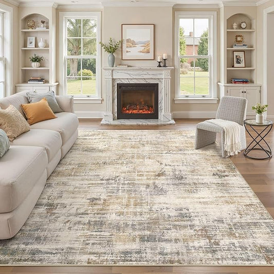 Area Rug for Living Room: 9x12 Washable Neutral Abstract Modern Soft Rugs Non Slip Indoor Floor Stain Resistant Large Carpet for Bedroom Dining Room Office Nursery - Golden Brown