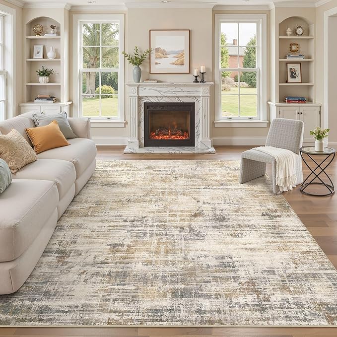 Area Rug for Living Room: 8x10 Washable Neutral Abstract Modern Soft Rugs Non Slip Indoor Floor Stain Resistant Large Carpet for Bedroom Dining Room Office Nursery - Golden Brown