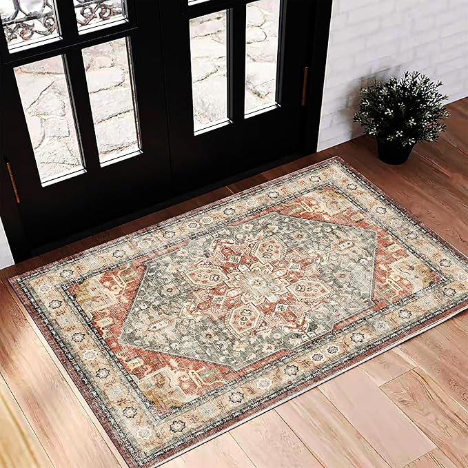 2'x3' Red Khaki Area Rug Washable Door Mat Vintage Distressed Doormat Indoor Entrance Traditional Thin Floral Print Non Slip Carpet for Kitchen Bathroom Bedroom Living Room
