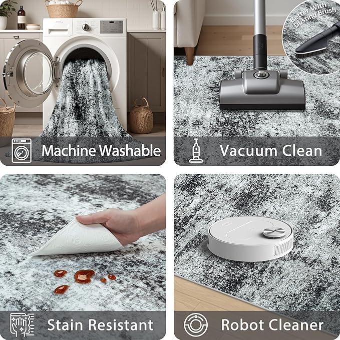 Area Rug 9x12 Washable Rugs: Abstract Large Living Room Rugs with Non-Slip Backing, Stain Resistant Indoor Floor Carpet for Bedroom Dining Room Table Nursery Hallway Home Office Dark Black/Gray