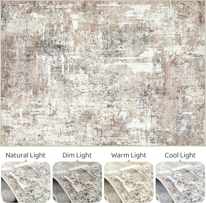 4x6 Rug Washable Area Rugs: Abstract Modern Soft Stain Resistant Indoor Floor Accent Non Slip Carpet for Living Room Entryway Kitchen Bedroom Nursery Office Bedside Home House Decor- Brown