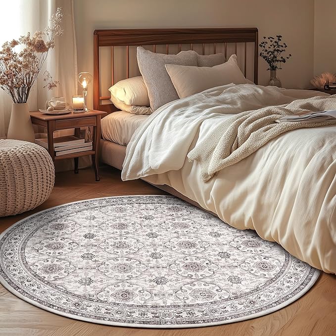 jinchan Round Rug 5ft Washable Circle Soft Rug - Low Pile Vintage 5'Round Indoor Beige Floral Print Stain Resistant Boho Carpet Ultra-Thin Non-Slip for Entryway Nursery Bedroom Dining Room Kitchen