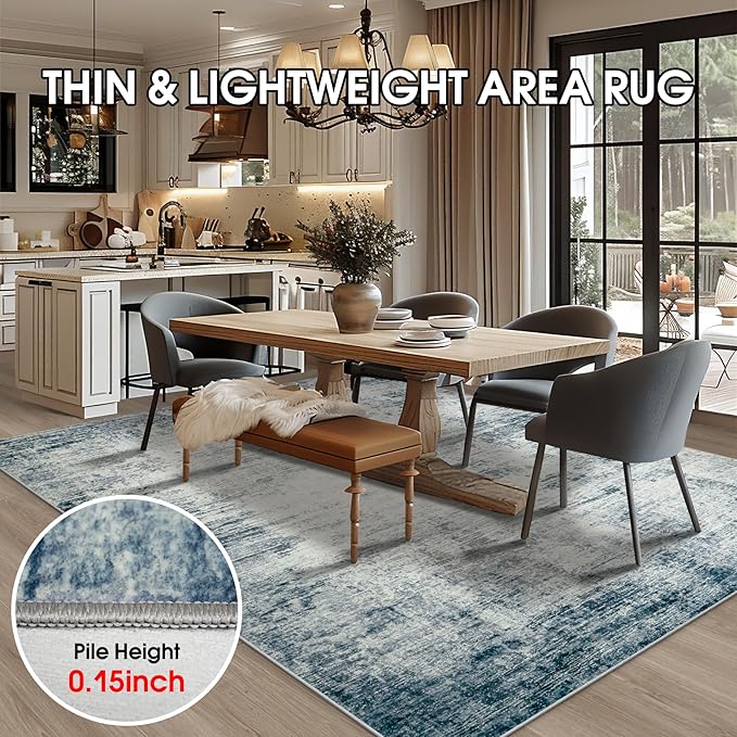 Area Rugs 8x10 Living Room Rugs: Modern Abstract Washable Rug with with Non-Slip Backing, Stain Resistant Indoor Floor Large Carpet for Bedroom Dining Room Table Nursery Hallway Home Office-Blue/Ivory
