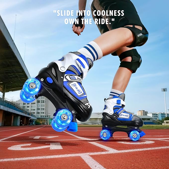 Adjustable Quad Skates for Kids, Teens, and Adults – Light-Up Wheels – Comfortable Fit, Secure Closure, Indoor and Outdoor Roller Skates for Boys and Girls