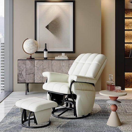 AODAILIHB Swivel Glider Recliner with Ottoman, 360 Rocking Chair with Foot Rest Recliner Chair Indoor Rocking Chair with Side Pockets Nursery Chairs for Living Room, Bedroom, Office (White)