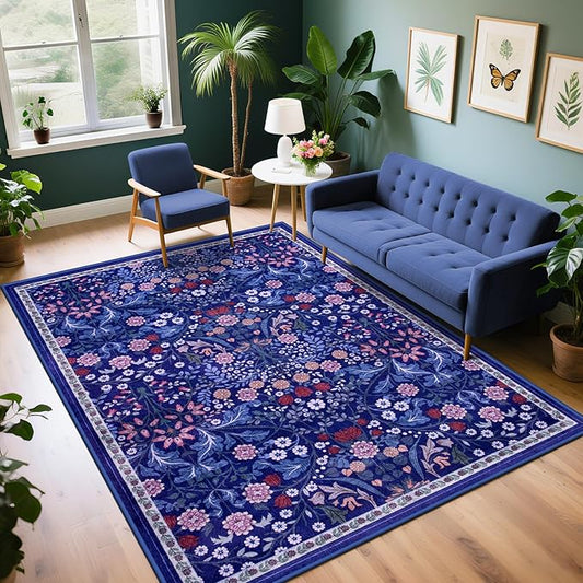 6x9 Area Rugs for Living Room: Floral Washable Rug Vintage Large Soft Boho Non-Slip Carpet Indoor Floor Stain Resistant Thin Carpets for Bedroom Dining Room Farmhouse Nursery Hallway Home Office Blue