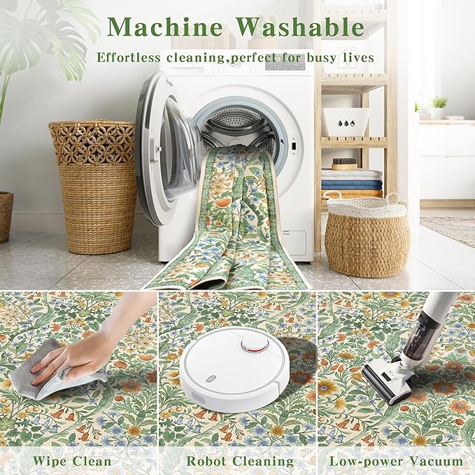 2x6 Washable Runner Rug,Grass Green Floral Boho Area Rug for Hallway,Low-Pile Non-Slip Stain Resistant Carpet for Kitchen, Bedside,Laundry Room,Entryway