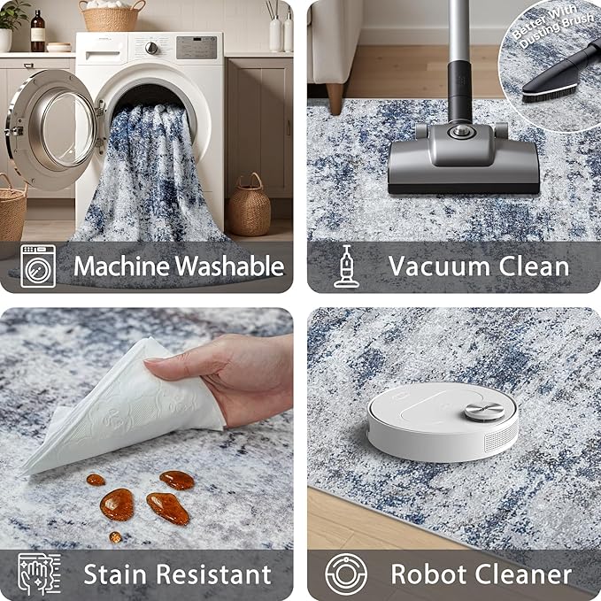 Area Rugs 8x10 Living Room Rugs: Modern Abstract Washable Rug with Non-Slip Backing, Stain Resistant Indoor Floor Large Carpet for Bedroom Dining Room Table Nursery Hallway Home Office Blue/Gray/Black