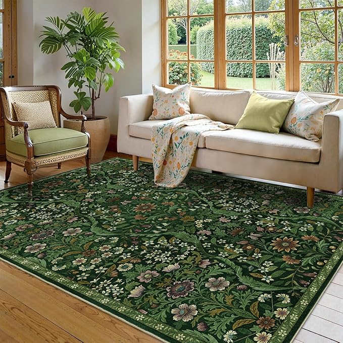 5×7 Dark Green Washable Floral Area Rug,Vintage Boho Soft Low-Pile Living Room Rugs, Stain Resistant Botanical Non-Slip Carpet for Bedroom,Dining Room, Kids Nursery,Home Decor
