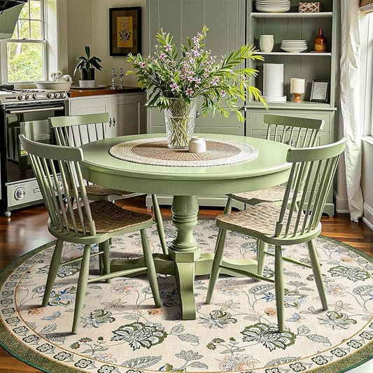 jinchan 7ft Floral Round Rug for Dining Room Washable Living Room Rug Vintage Romance Design Non Slip Indoor Floor Cover Lightweight Low-Profile Throw Carpet for Bedroom Porch Patio, Green/Beige