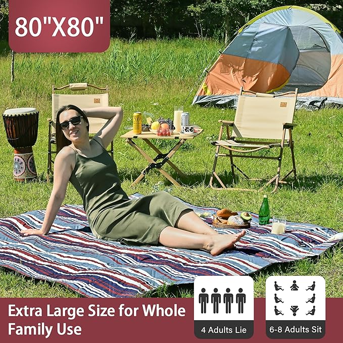 HX&OD Outdoor Picnic Blanket Extra Large, 80''*80'' Waterproof Picnic Mat with Stakes Foldable Camping Blanket Portable with Carry Strap for Beach Mat (Red, 80''*80'')
