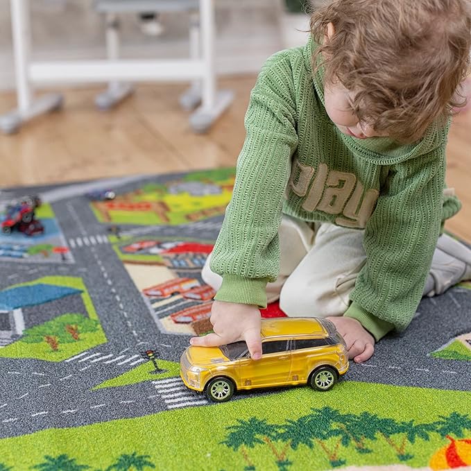 KC Cubs 8x10 City Streets Car Road Rug – Educational Non-Slip Play Mat for Kids, Toddlers, Nursery, Classroom, Playroom, Baby Daycare, Boy Girl Carpet