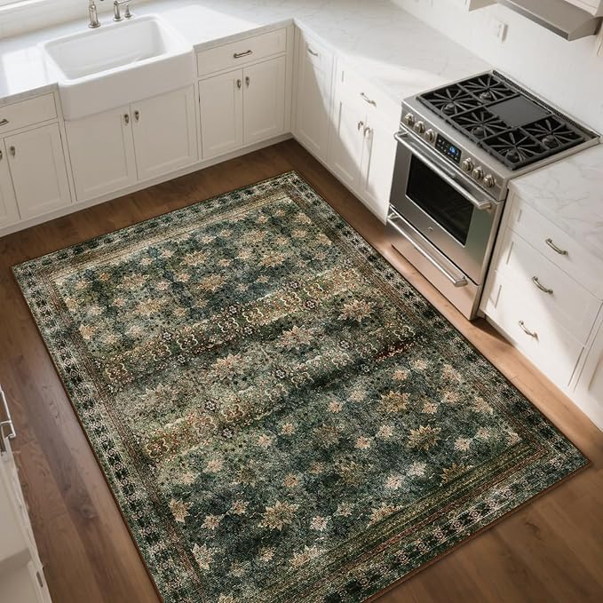 6x9 Washable Area Rug Non Slip, Thin Vintage Floral Living Room Rug Low Pile, Indoor Large Distressed Print Carpet for Bedroom, Dining Room, Farmhouse, Home Office, Dorm(Dark Green/Brown/Multi)