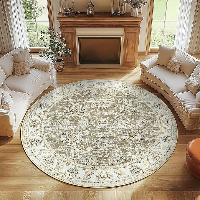 jinchan Round Rug 8ft Area Rugs - Vintage Floral Distressed Design Machine Washable Non-Slip Low-Pile Ultra-Thin Circle Rug for Living Room Dining Room Bedroom Home Office Farmhouse (8' Round,Taupe)