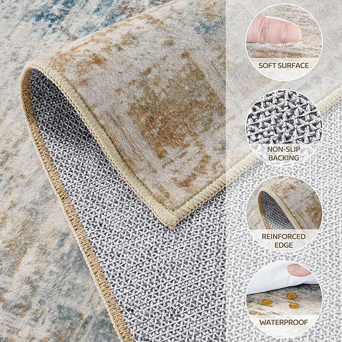 Area Rug for Living Room: 3x5 Washable Neutral Abstract Modern Soft Rugs Non Slip Indoor Floor Stain Resistant Carpet for Bedroom Dining Room Office Nursery - Blue Brown