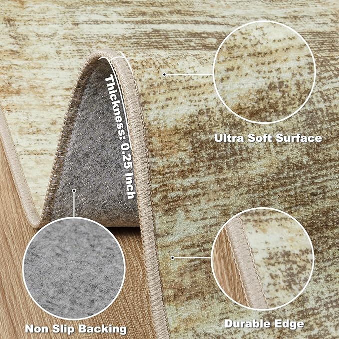 Area Rug 9x12 Washable Rugs: Abstract Large Living Room Rugs with Non-Slip Backing, Thin Carpet for Dining Room Table Bedroom Nursery Indoor Home Office-Brown