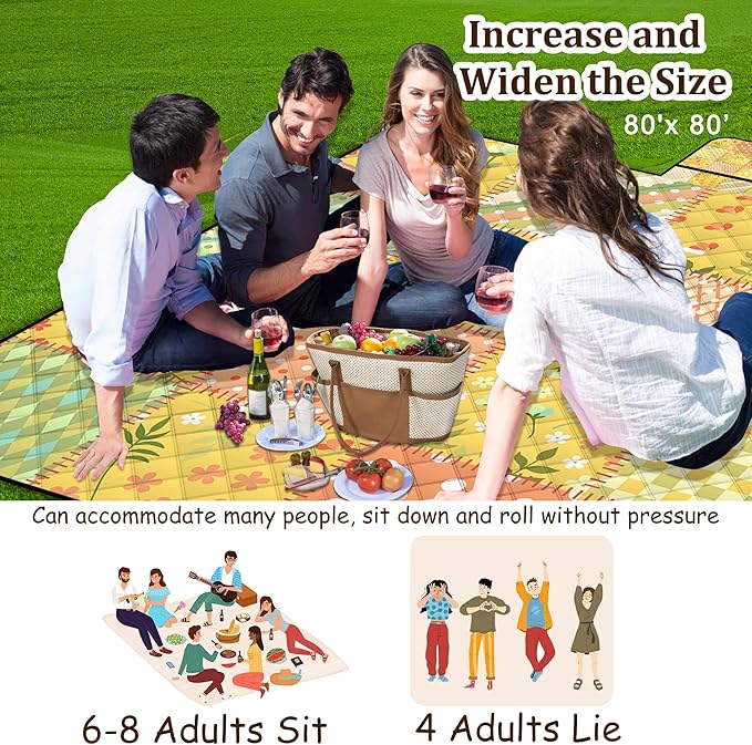 Extra Large Picnic Blanket Waterproof,80"x 80"Foldable Machine Washable Beach Blanket,Outdoor Blanket for 6-8 Adults,Suitable for Indoor Crawling,Park Beach,Camping,Hiking,Family Travel(Colorful)