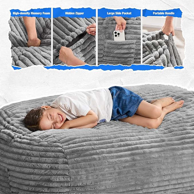 Hobestluk 3FT Bean Bag Chairs Adult Bean Bag with Portable Handle Comfy Large Bean Bag Chair with Removable Cover for Living Room Bedroom or Reading Nook (Stripe Grey, 3FT)