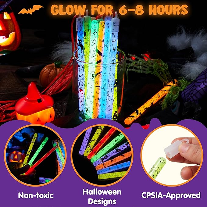 JOYIN 30 Pcs Halloween Glow Sticks Bulk Party Pack, Hanging Wands in 8 Design, 6 Color Light Up Stick for Kid Glow in The Dark Halloween Party Favor Supplies, Goodie Bag Filler, Trick or Treating Gift