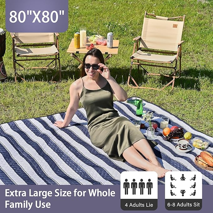 HX&OD Outdoor Picnic Blanket Extra Large, 80''*80'' Waterproof Picnic Mat with Stakes Foldable Camping Blanket Portable with Carry Strap for Beach Mat (Blue& White, 80''*80'')