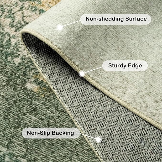 Kelarea Living Room Rug, 8x10 Rug Modern Abstract Washable Rugs Green Faux Wool Vintage Carpet, Non Slip Large Rugs for Bedroom, Dining Room, College Dorm, Home Office