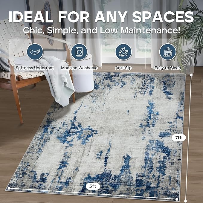 5x7 Area Rugs for Living Room Rug Washable: Modern Rug for Dining Room Bedroom Carpet Non Slip Low Pile 5 by 7 Indoor Abstract Nursery Home Office Blue White