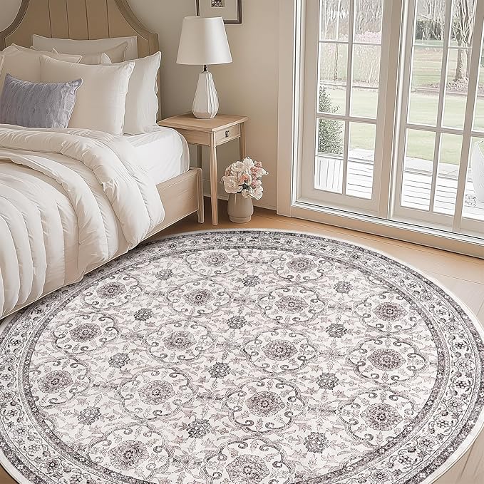jinchan Round Rug 8ft Washable Circle Soft Rug - Low Pile Vintage 8'Round Indoor Beige Floral Print Stain Resistant Boho Carpet Ultra-Thin Non-Slip for Living Room Bedroom Dining Room Kitchen