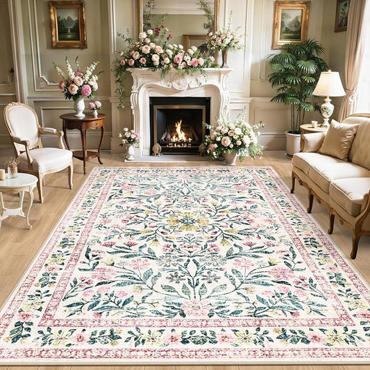 8x10 Area Rugs for Living Room: Floral Washable Rug Vintage Large Soft Boho Non-Slip Carpet Indoor Stain Resistant Low Pile Carpets for Bedroom Dining Room Farmhouse Nursery Home Office Pink Green