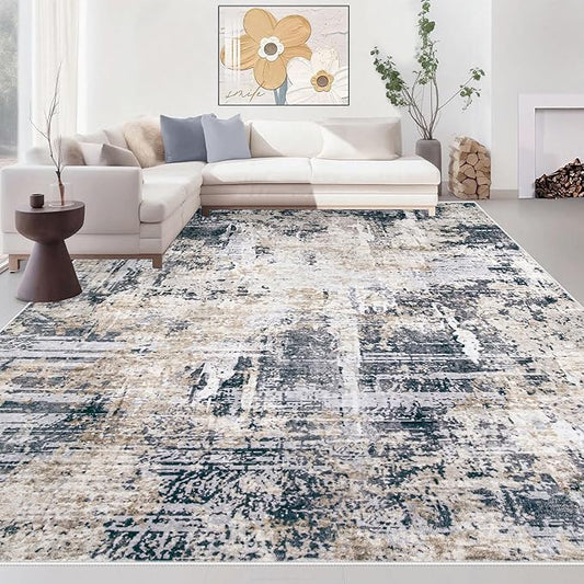 Area Rugs 9x12 Living Room: Washable Rug Modern Abstract Large Rugs Soft Non Slip Neutral Rug Stain Resistant Indoor Carpet for Bedroom Kitchen Dining Room Home Office Rugs(Black Brown,9'x12')