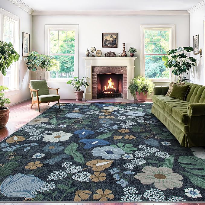 8x10 Area Rug for Living Room: Vintage Floral Washable Rug Soft Boho Non Slip Carpet Large Indoor Floor Non Shedding Low Pile Thin Carpets for Bedroom Dining Room Farmhouse Nursery Home Office Blue