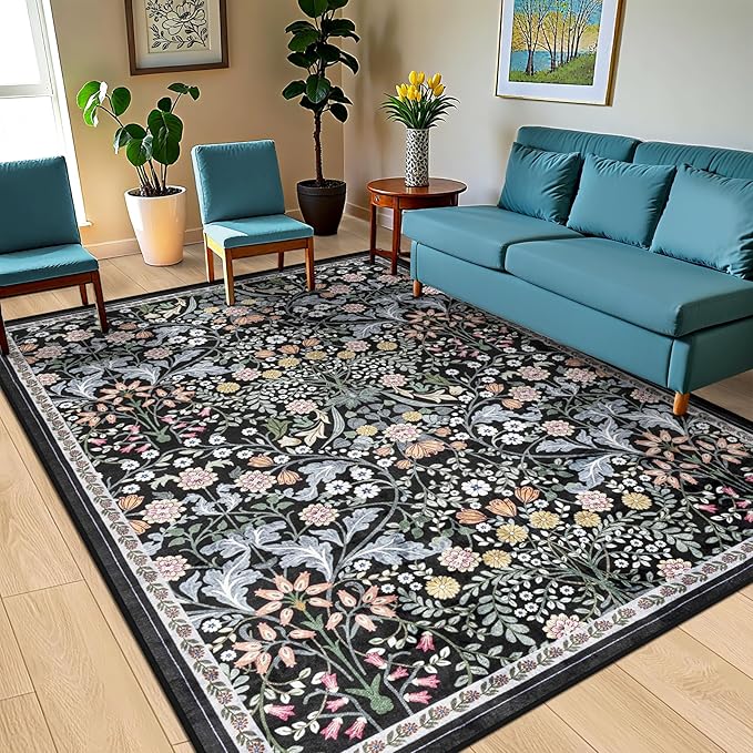8x10 Area Rugs for Living Room: Floral Washable Rug Vintage Large Soft Boho Non-Slip Carpet Indoor Stain Resistant Low Pile Carpets for Bedroom Dining Room Farmhouse Nursery Home Office Dark Black