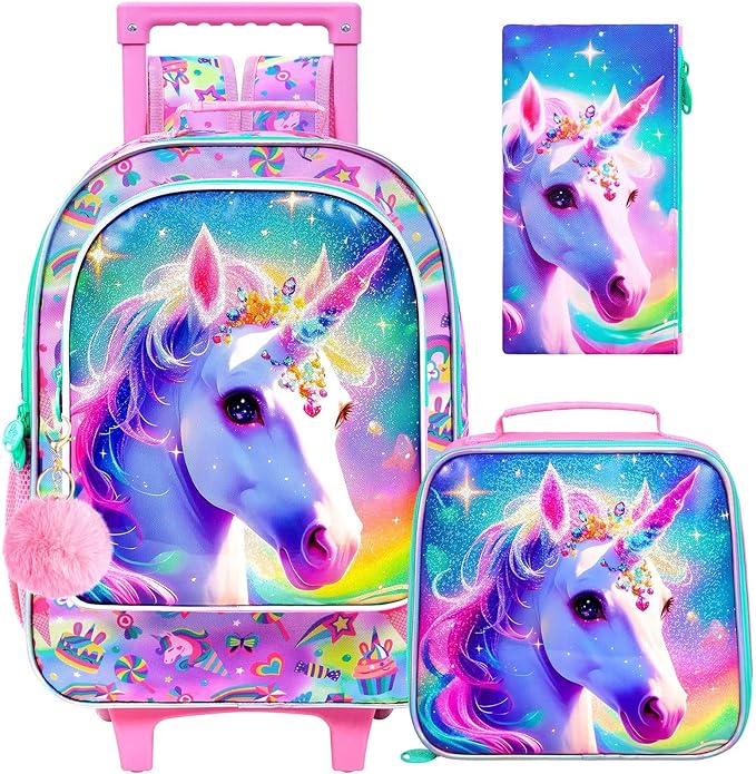 gxtvo Girls Rolling Backpack, Cute Unicorn Roller Wheels Kids Bookbag - Wheeled Elementary School Bag - 3PCS Unicorn