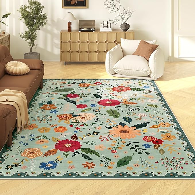 5x7 Washable Rug for Living Room, Green Floral Area Rug, Non Slip Low Pile Soft Flower Carpet, Large Rugs for Bedroom, Dining Room, Office, Kids Playroom, Nursery, Sage Green