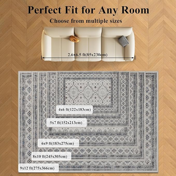 4x6 Washable Area Rug for Living Room, Carpet for Bedroom, Soft Faux Wool Retro Dining Room Rug, Non Slip&Non-Shedding Resistant Low Pile Vintage Print Rug for Home Office (White Cream/Gray)