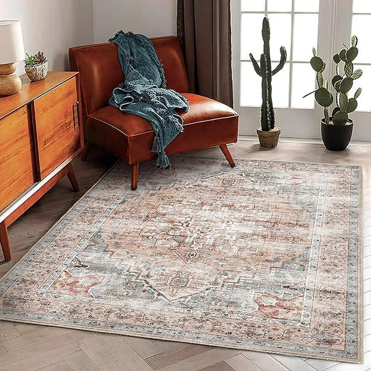 Area Rug 5'x7' Light Cyan and Light red Washable Rug Vintage Traditional Floor Cover Thin Retro Kitchen Indoor Distressed Non Slip Carpet for Living Room Bedroom Dining Room